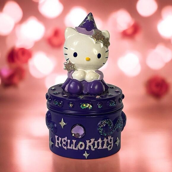 Vintage Heisei Retro 2000 Hello Kitty Trinket Box Case Purple Stars Sanrio 3
